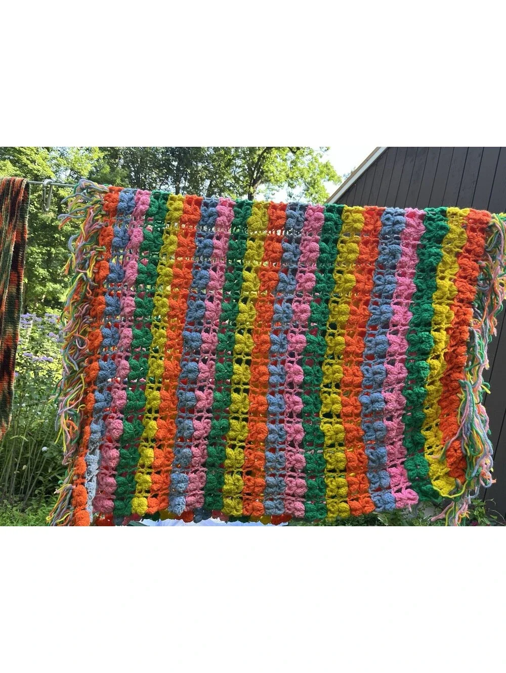 Vtg 46x88” Fringe Bubble Stitch Maximalist Clowncore Handmade Afghan Throw